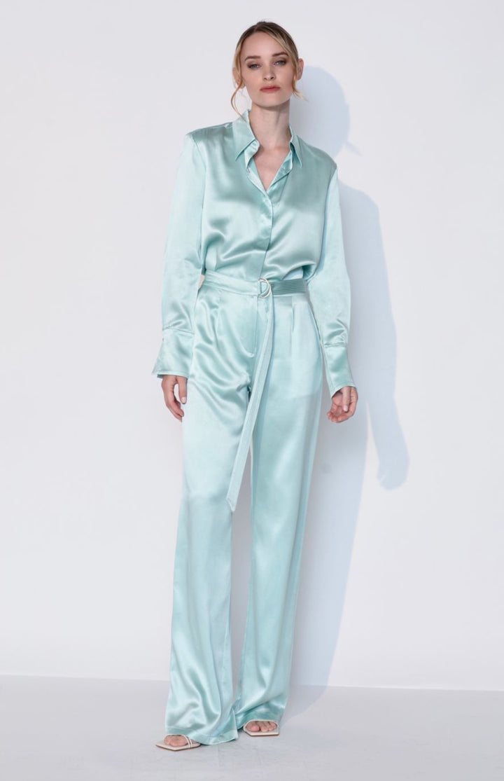 Turquoise Silk Button Down Shirt