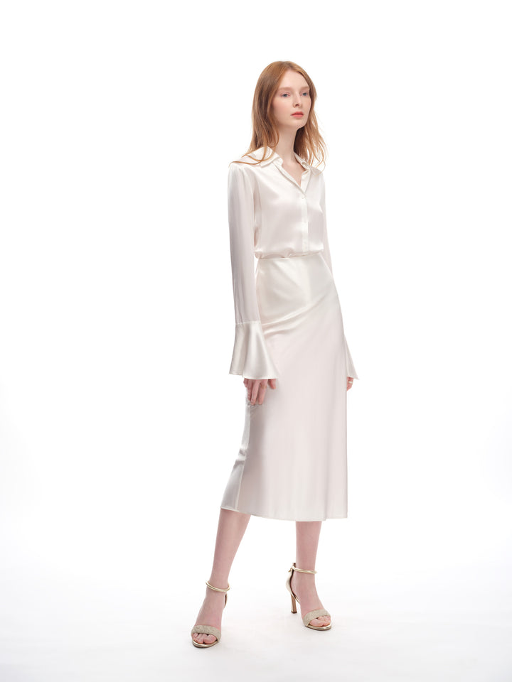 Silk Fitted Flare Bell Cuff Blouse in White
